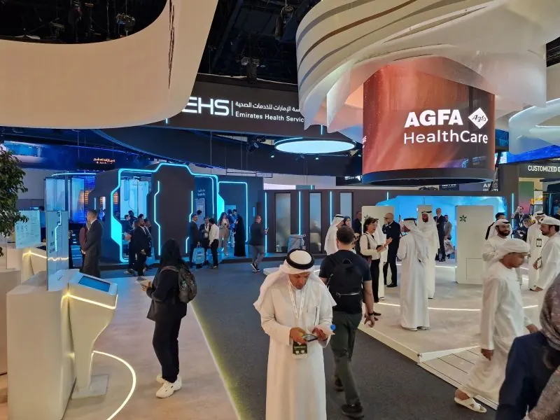 Exhibition hall at WHX Dubai 2026 with Emirates Health Services and Agfa HealthCare stands